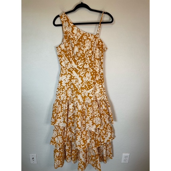 Lulus Pretty Perfection Mustard Global Print One Shoulder Ruffle Midi Dress Sz M - Picture 1 of 9